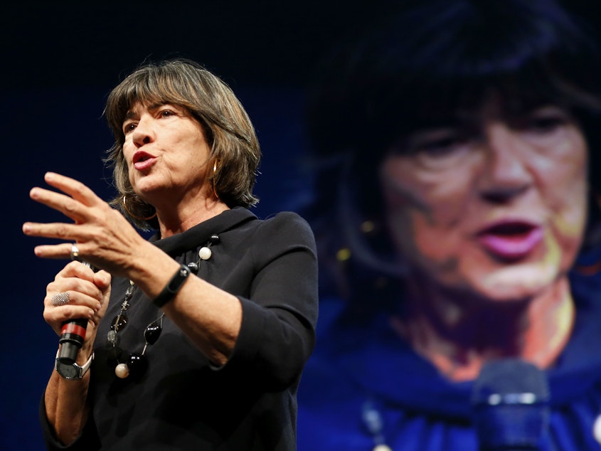 caption: Christiane Amanpour, shown in 2018, said her interview with Iran's president was canceled when she refused to wear a headscarf.