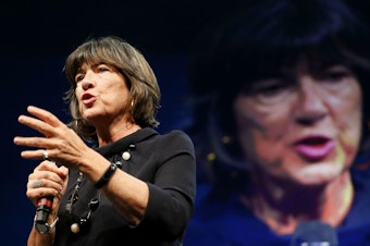 caption: Christiane Amanpour, shown in 2018, said her interview with Iran's president was canceled when she refused to wear a headscarf.