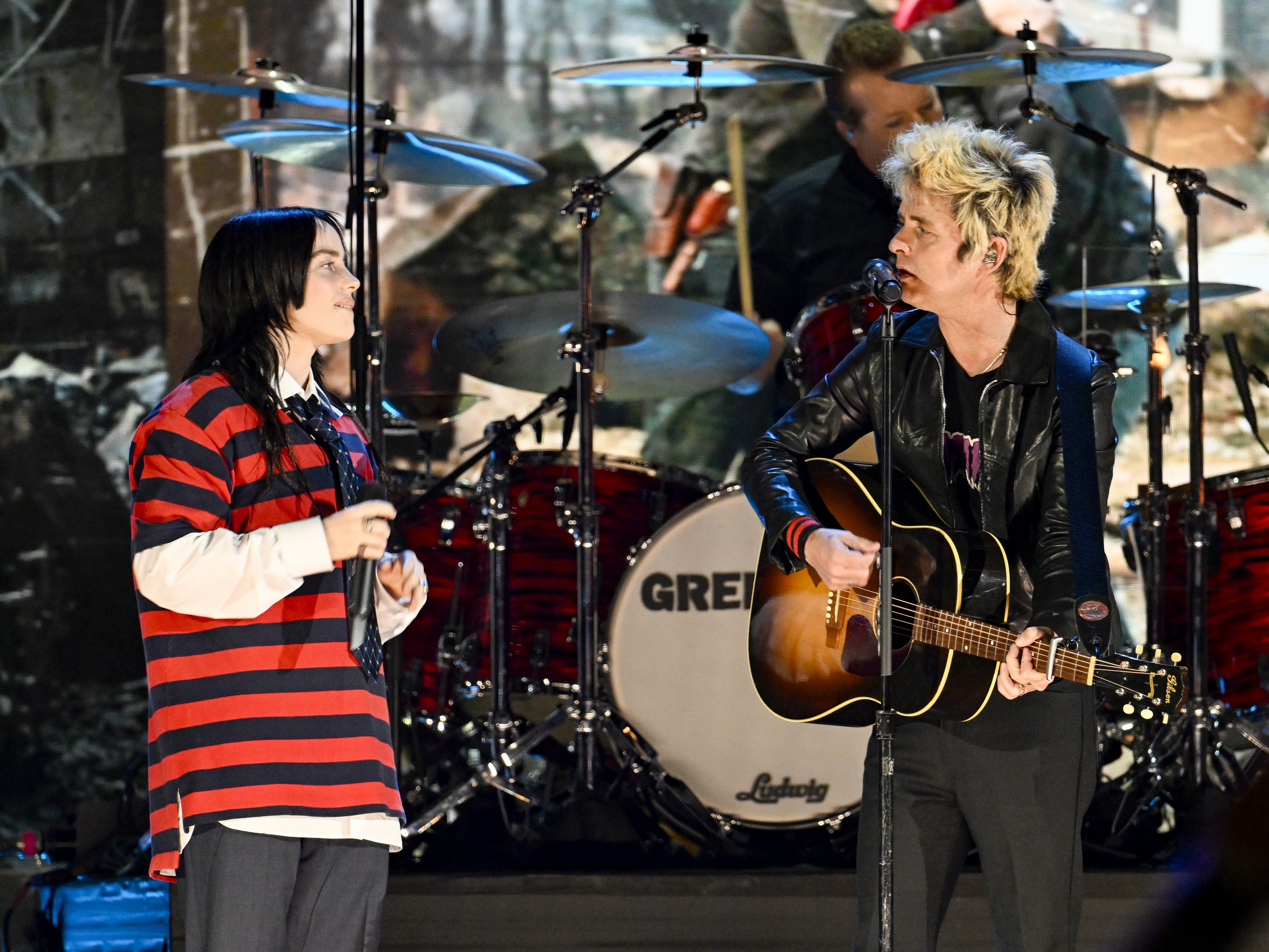 caption: Billie Eilish performs onstage with Billie Joe Armstrong of Green Day during the FireAid Benefit Concert on January 30, 2025 in Inglewood, California.