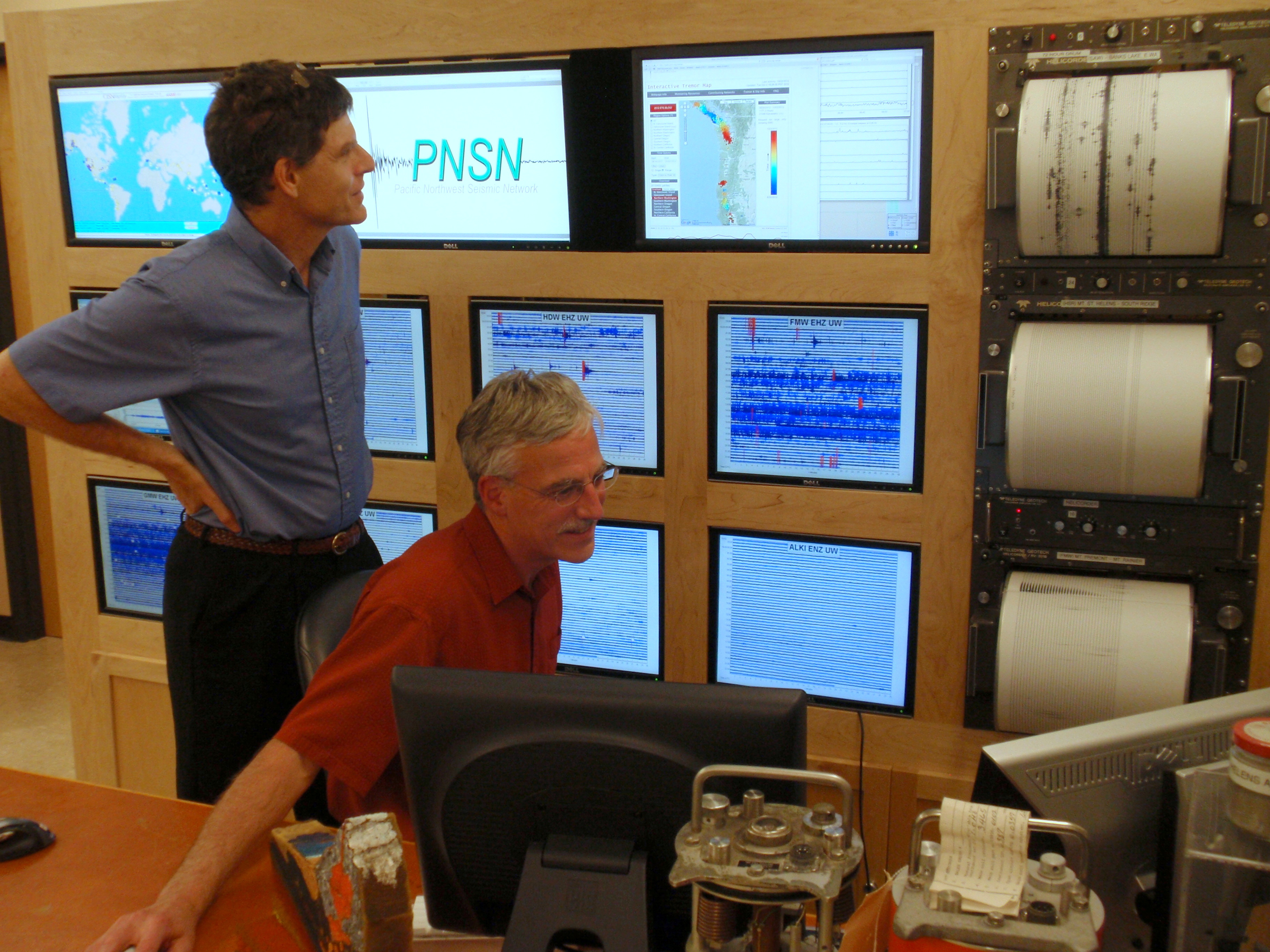 caption: The joke around the PNSN office is that recently departed director John Vidale (left) did a good job suppressing earthquakes for the past decade.