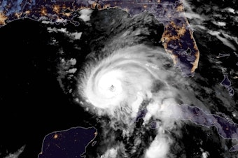 caption: A satellite image shows Hurricane Michael moving north in the Gulf of Mexico, heading for a landfall in the Florida Panhandle.
