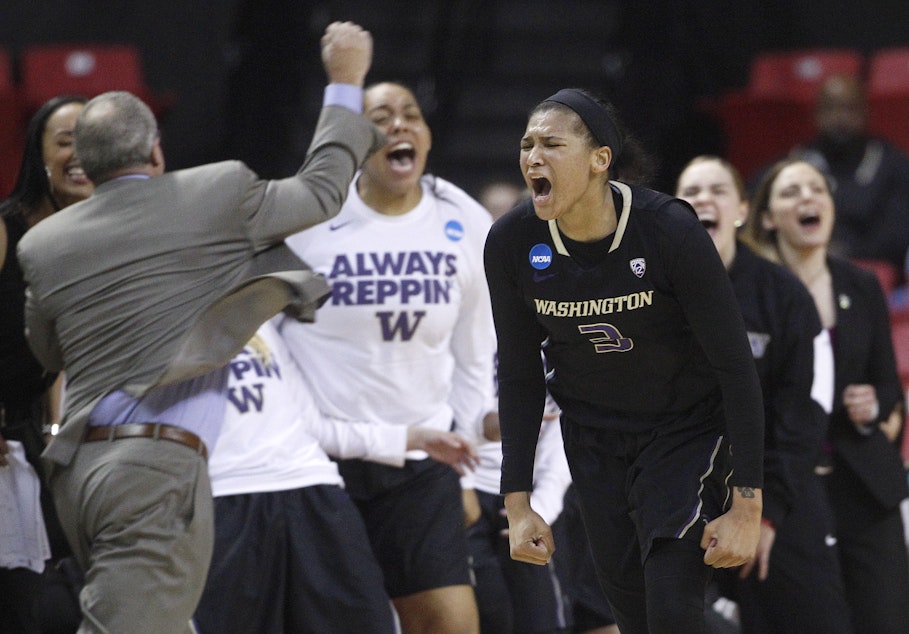 caption: Washington forward Talia Walton reacts after hitting a three-pointer in the second half of an NCAA college basketball game against Maryland in the second round of the NCAA tournament, Monday, March 21, 2016.