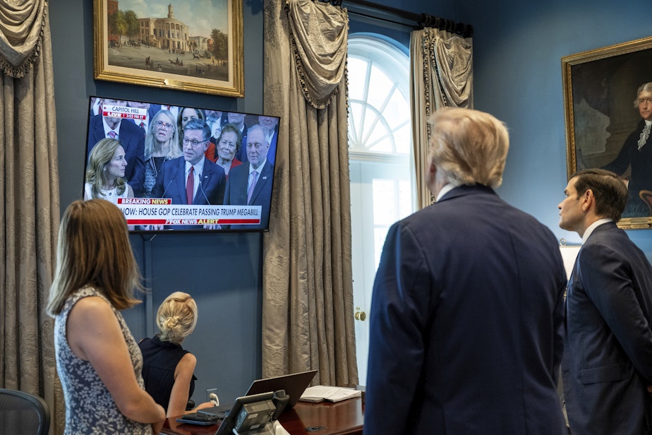 caption: In this image provided by The White House, President Donald Trump and Secretary of State Marco Rubio watch Speaker of the House Mike Johnson on television in the Outer Oval Office of the White House in Washington, after the House passed the "Big Beautiful Bill," Thursday, July 3, 2025.