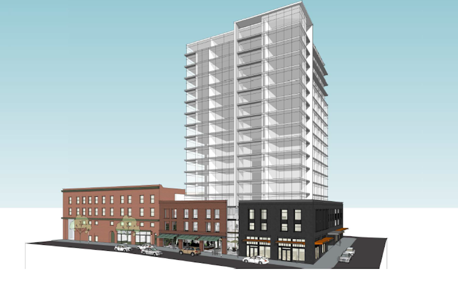 caption: An early rendering of the Jasmine, a residential tower with retail below. The tower would replace much of the earthquake damaged building that now houses Bush Garden. It would retain the old building's facade and dramatically increase the number of small retail spaces on that corner. The project still has to go through several stages of approval.