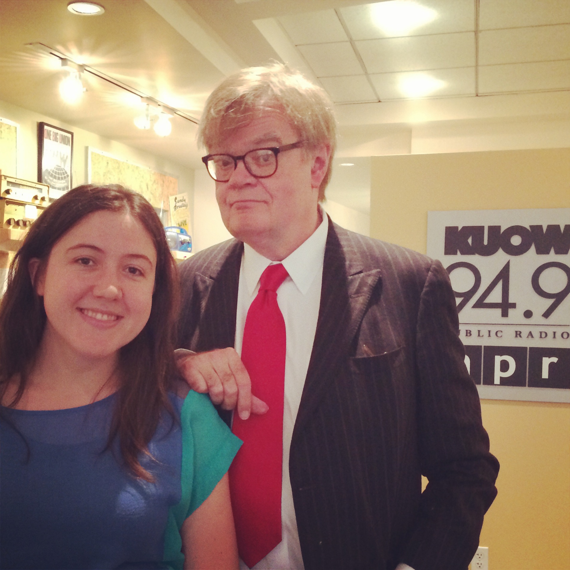 caption: Garrison Keillor stopped by the KUOW studios near University Bookstore to take a picture with social media producer Bond Huberman. 