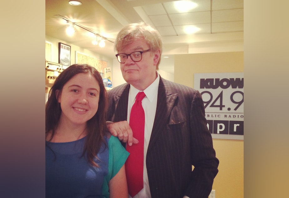 caption: Garrison Keillor stopped by the KUOW studios near University Bookstore to take a picture with social media producer Bond Huberman. 