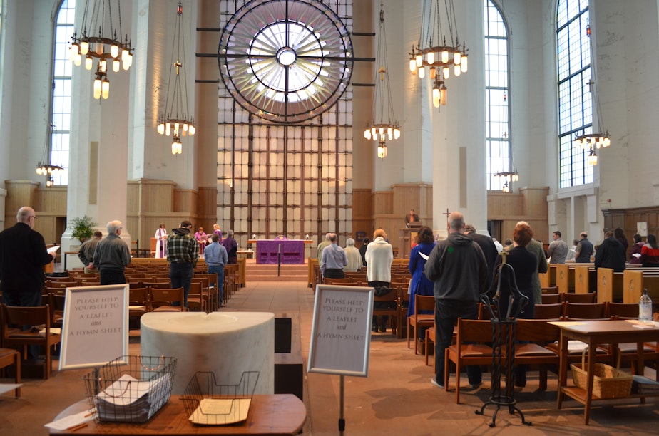 caption: About a third of the usual crowd is at the 7:30 a.m. service at St. Mark's Cathedral on Seattle's Capitol Hill on Sunday, March 8.