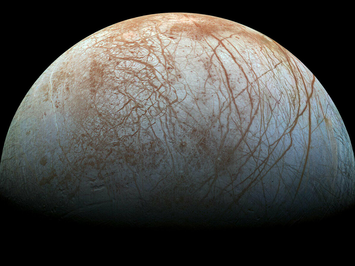 caption: New analysis has found a source of carbon within Europa, Jupiter's moon that is believed to hold massive amounts of liquid water. This view of the moon was created from images taken by NASA's Galileo spacecraft in the late 1990s.