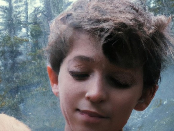 caption: An image created by DALL-E2 with the prompt: "Photograph of a young boy and his Golden Retriever in the woods of Montana on a foggy day."