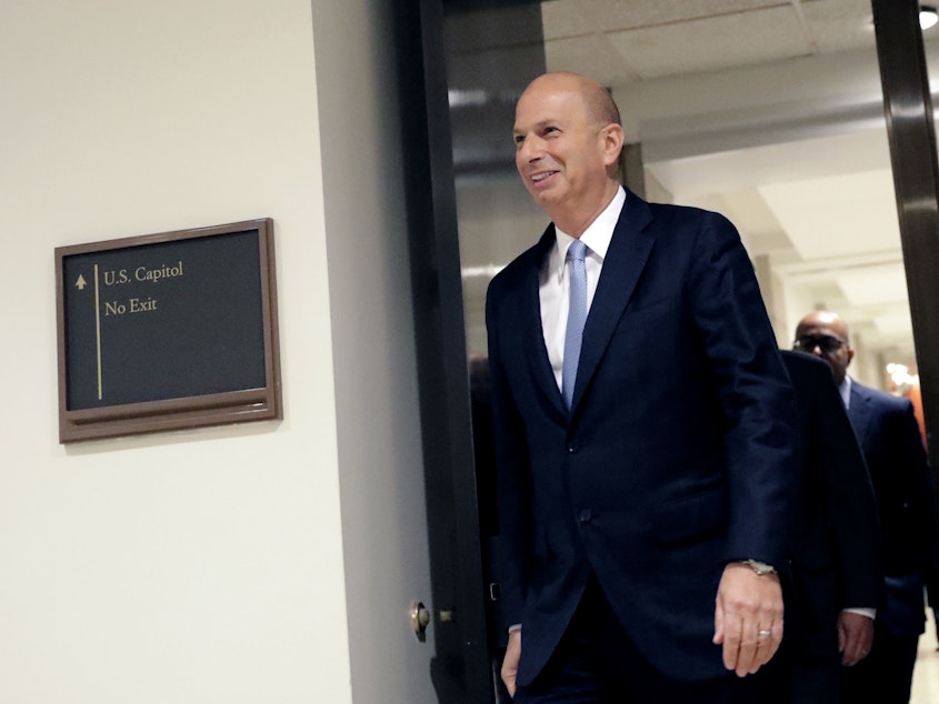 caption: U.S. Ambassador to the EU Gordon Sondland on Capitol Hill on Oct. 17. Sondland will give much-anticipated public testimony Wednesday in the impeachment inquiry of President Trump. His story has changed since he first testified last month.