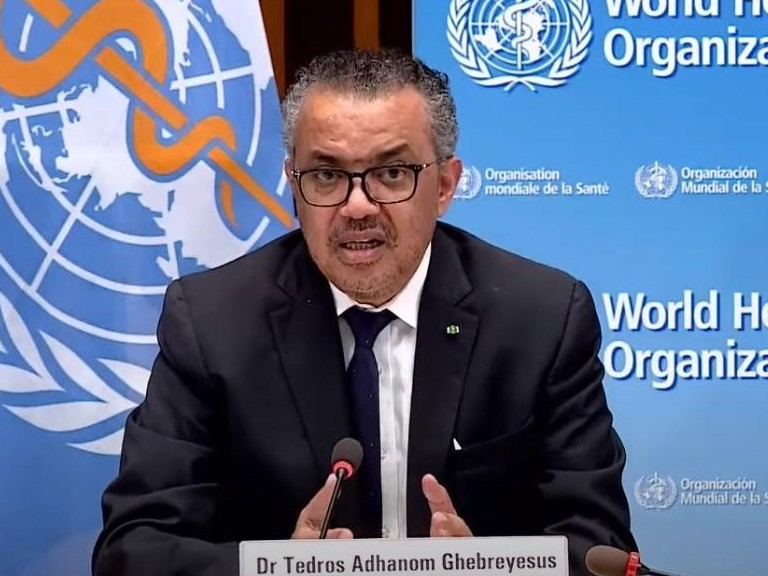 caption: "At present, pathogens have greater power than WHO," World Health Organization leader Tedros Adhanom Ghebreyesus said on Monday. "They exploit our interconnectedness and expose our inequities and divisions." Tedros is seen speaking earlier this month in Geneva, Switzerland.