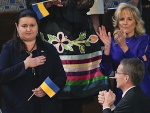 caption: During Biden's 2022 State of the Union address, Ukraine's ambassador to the United States, Oksana Markarova, received a lengthy bipartisan standing ovation.