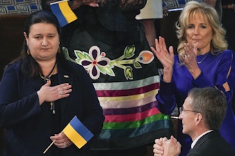 caption: During Biden's 2022 State of the Union address, Ukraine's ambassador to the United States, Oksana Markarova, received a lengthy bipartisan standing ovation.