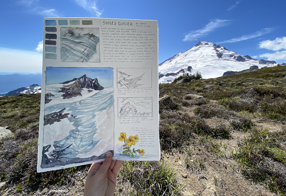 caption: Claire Giordano, an expeditionary artist, holds up her latest work showing glacier loss at the Sholes Glacier, on Mt. Baker. 