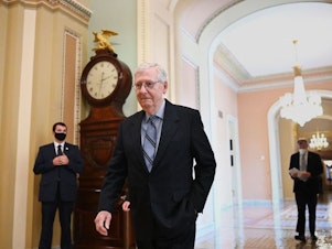 caption: Senate Minority Leader Mitch McConnell of Kentucky is among the 19 Republicans who voted for the $1 trillion infrastructure bill on Tuesday.