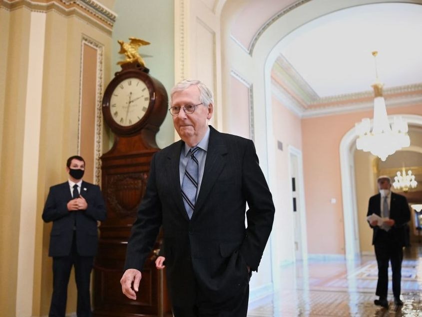 caption: Senate Minority Leader Mitch McConnell of Kentucky is among the 19 Republicans who voted for the $1 trillion infrastructure bill on Tuesday.