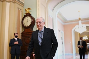caption: Senate Minority Leader Mitch McConnell of Kentucky is among the 19 Republicans who voted for the $1 trillion infrastructure bill on Tuesday.