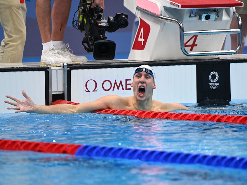 caption: Chase Kalisz of the U.S. celebrates after winning the final of the men's 400m individual medley swimming event during the Tokyo 2020 Olympic Games on Sunday.