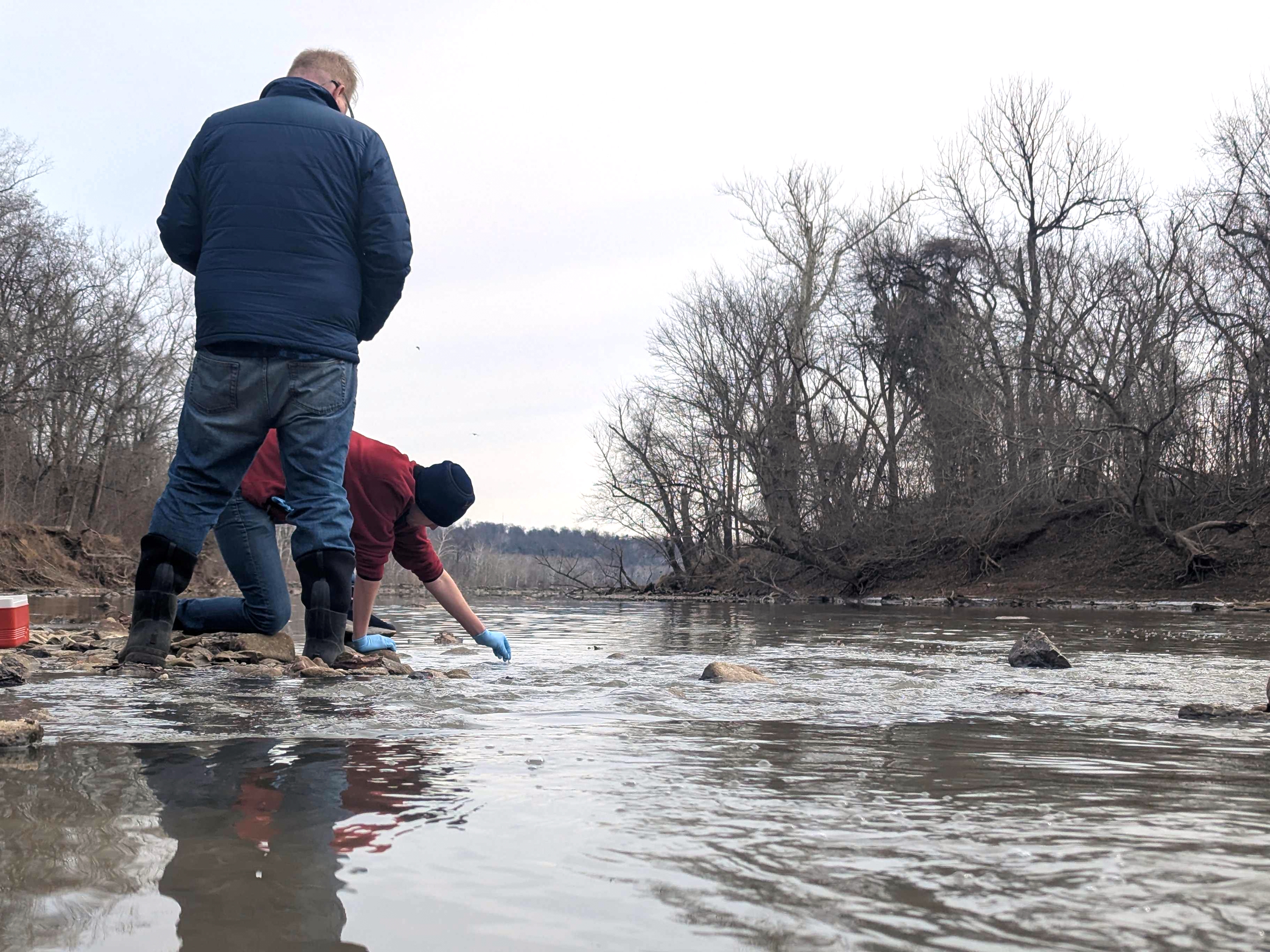 caption: Water samples are taken from the Potomac River in Maryland in January. A massive pipe that moves millions of gallons of sewage ruptured and sent wastewater flowing into the Potomac River northwest of Washington, D.C.