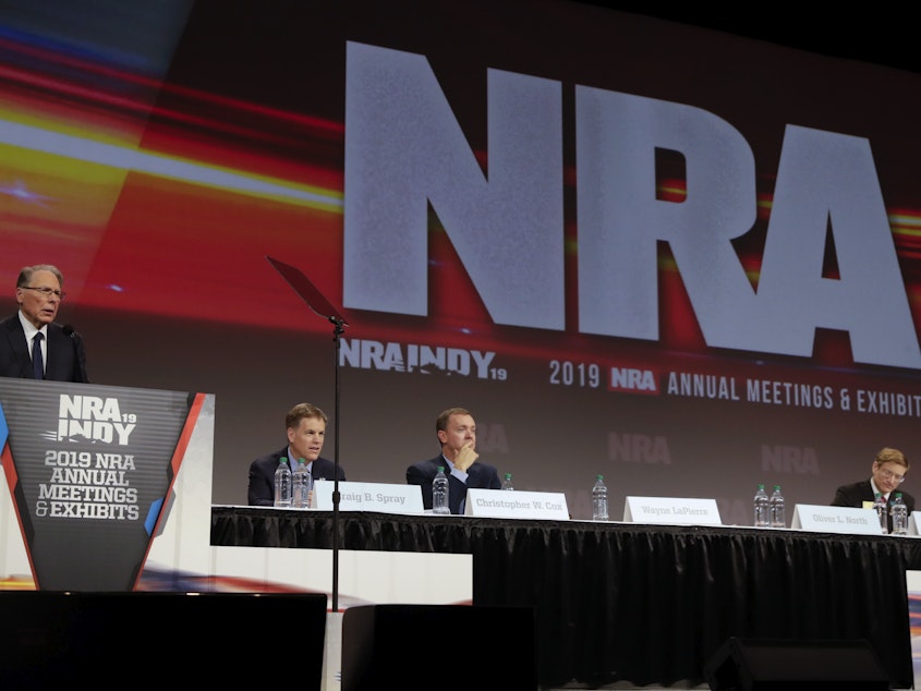 caption: National Rifle Association Annual Meeting 2019 in Indiana. The organization filed for Chapter 11 bankruptcy Friday. In a statement the NRA said it aims to reincorporate as a nonprofit in Texas, leaving New York, where the state has filed a fraud suit against it.