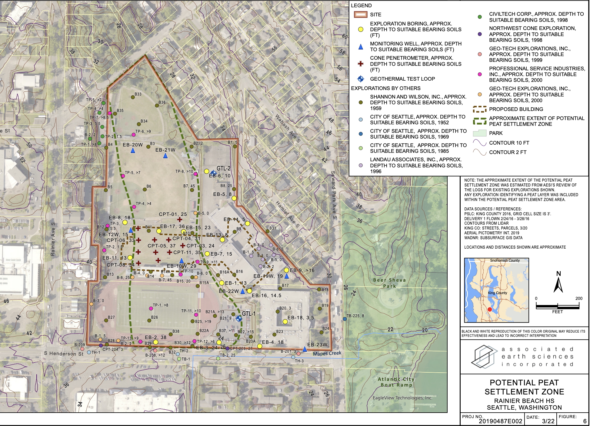 caption: A geotechnical map engineers prepared for Seattle Public Schools shows the plans for the new Rainier Beach High School (brown dash line) over the potential peat settlement zone (green dash line). The old school, since demolished, is shown to the east. 