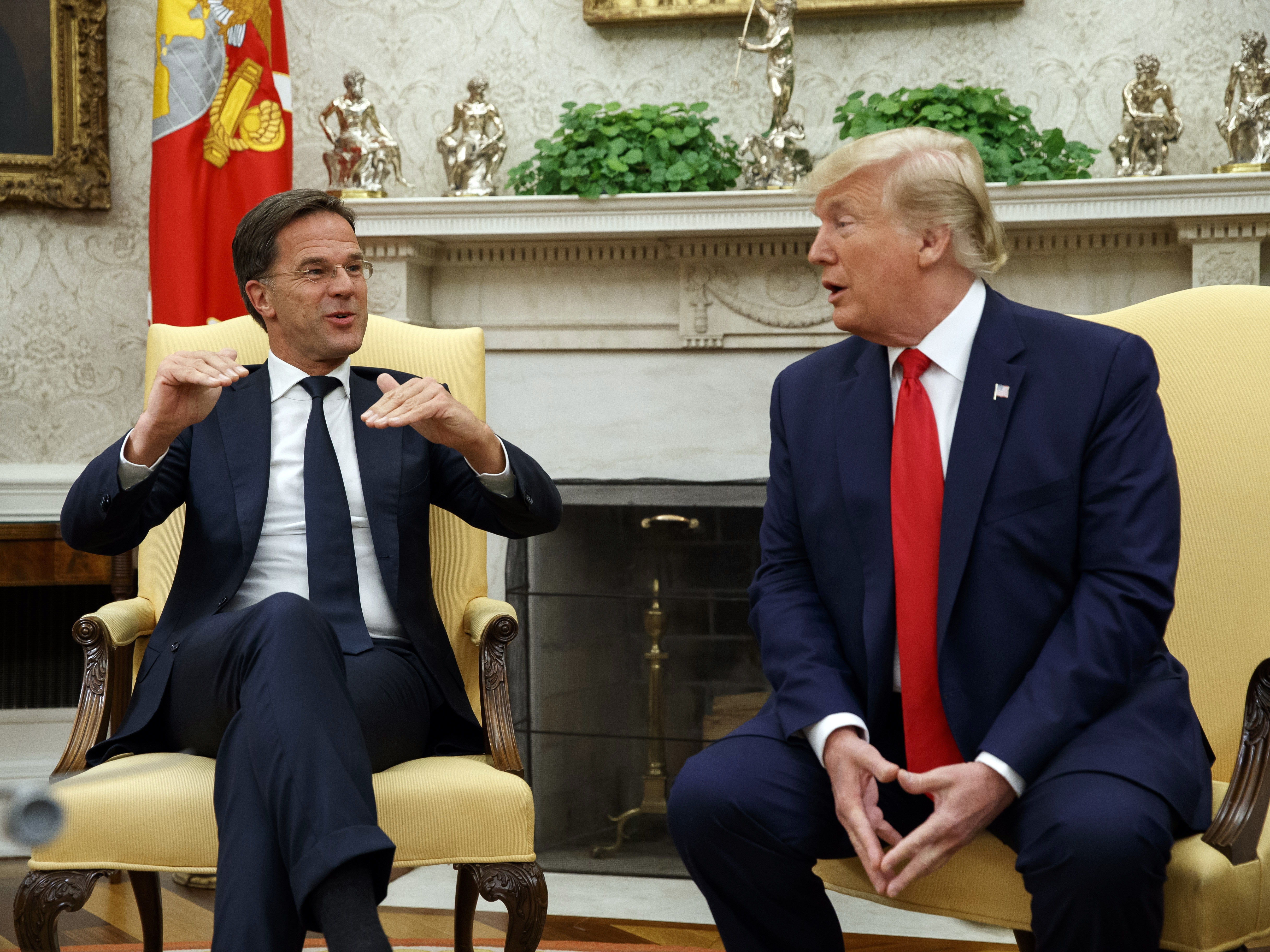 caption: President Donald Trump speaks during a meeting with the Dutch Prime Minister Mark Rutte in the Oval Office of the White House, Thursday, July 18, 2019, in Washington.