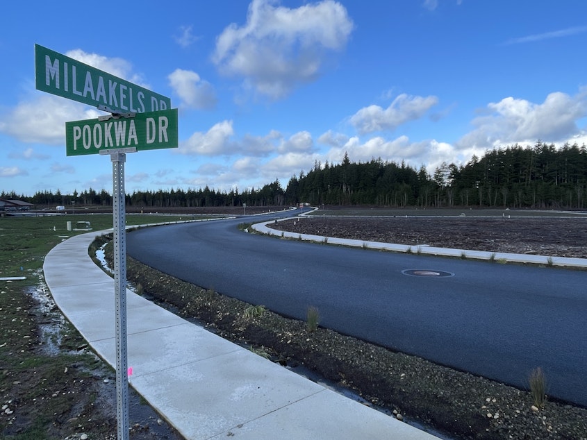 caption: Taholah's newest streets, shown Jan. 11, 2024, bear Quinault-language names. Milaakels means "camas," and pookwa, "currant," both traditional food plants for the Quinault.  