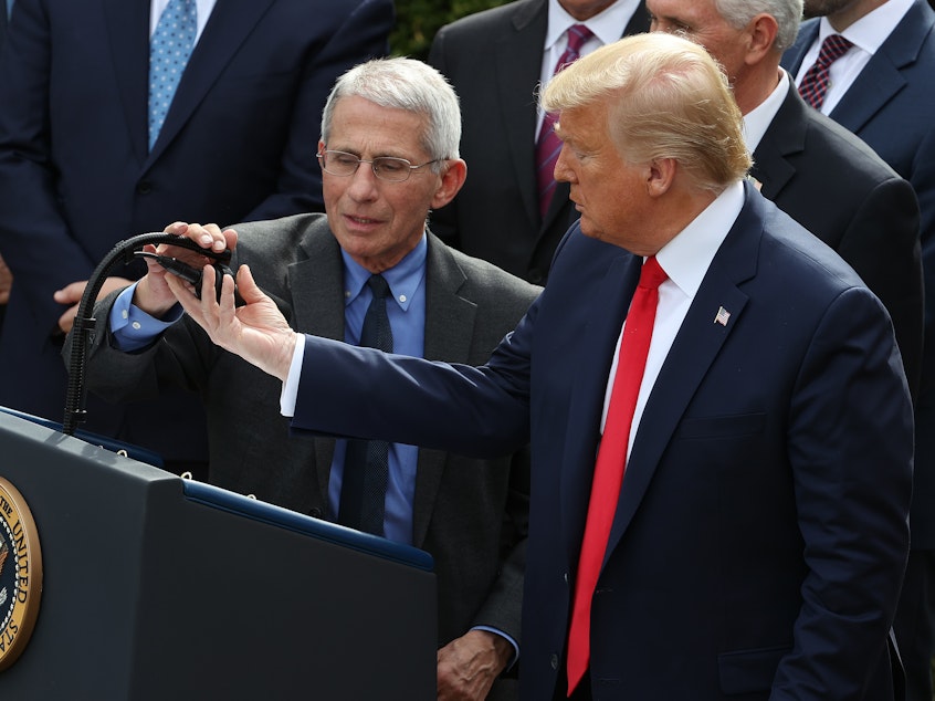 caption: President Trump and Dr. Anthony Fauci answered questions about coronavirus response in a Rose Garden news conference on Friday.
