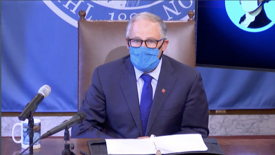 caption: Governor Jay Inslee addresses the public about new changes to Washington state's phased approach to reopening the economy amid the Covid-19 pandemic on Thursday, July 23, 2020.