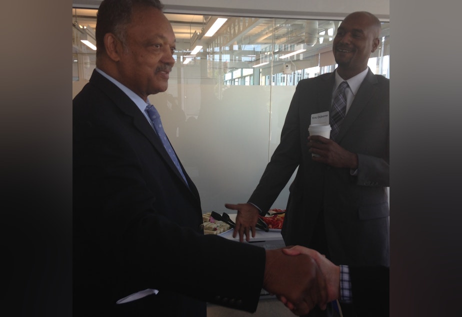 caption: Jesse Jackson visited Seattle on Wednesday, asking that the tech industry focus on hiring more people of color and women. 