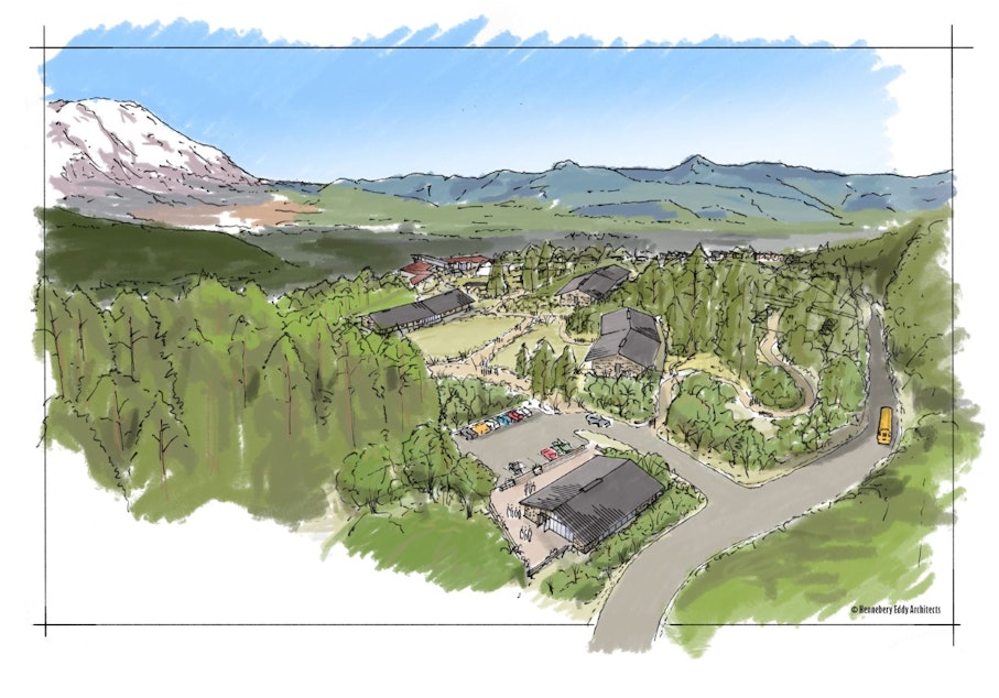 caption: Artist rendering of the planned Mount St. Helens Institute lodge and outdoor school campus on the site of the former Coldwater Ridge visitor center.