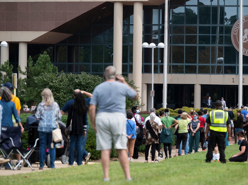 caption: Voters wait in line to cast their ballot at an early voting location in Fairfax, Va., on Sept. 18. Growing tensions in the country have some election officials worried about potential violence at polling places.