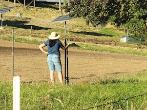 caption: New farmer Bobbi Wilson stands on land in southern Oregon where she is prepping the land to grow vegetables.