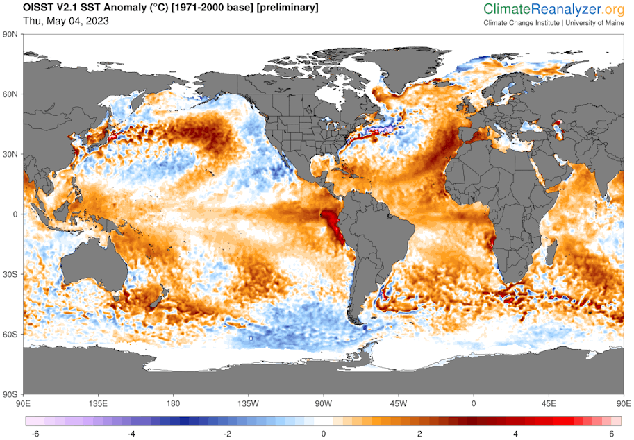 caption: The U.S. West Coast is one of the few areas on earth where ocean temperatures are cooler than normal this spring.