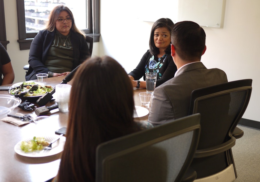 caption: Rep. Pramila Jayapal (D-Wash.) meets with DACA recipients in Seattle on September 4, 2017