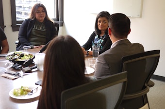 caption: Rep. Pramila Jayapal (D-Wash.) meets with DACA recipients in Seattle on September 4, 2017
