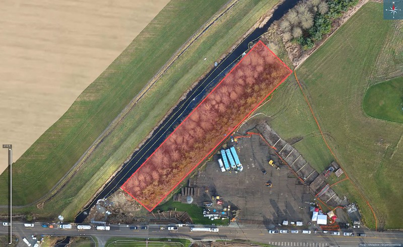 caption: Crews with the Washington State Department of Ecology removed trees and contaminated soil along Hill Ditch in Skagit County on Dec. 27, 2023, following a gasoline pipe spill in the area. 