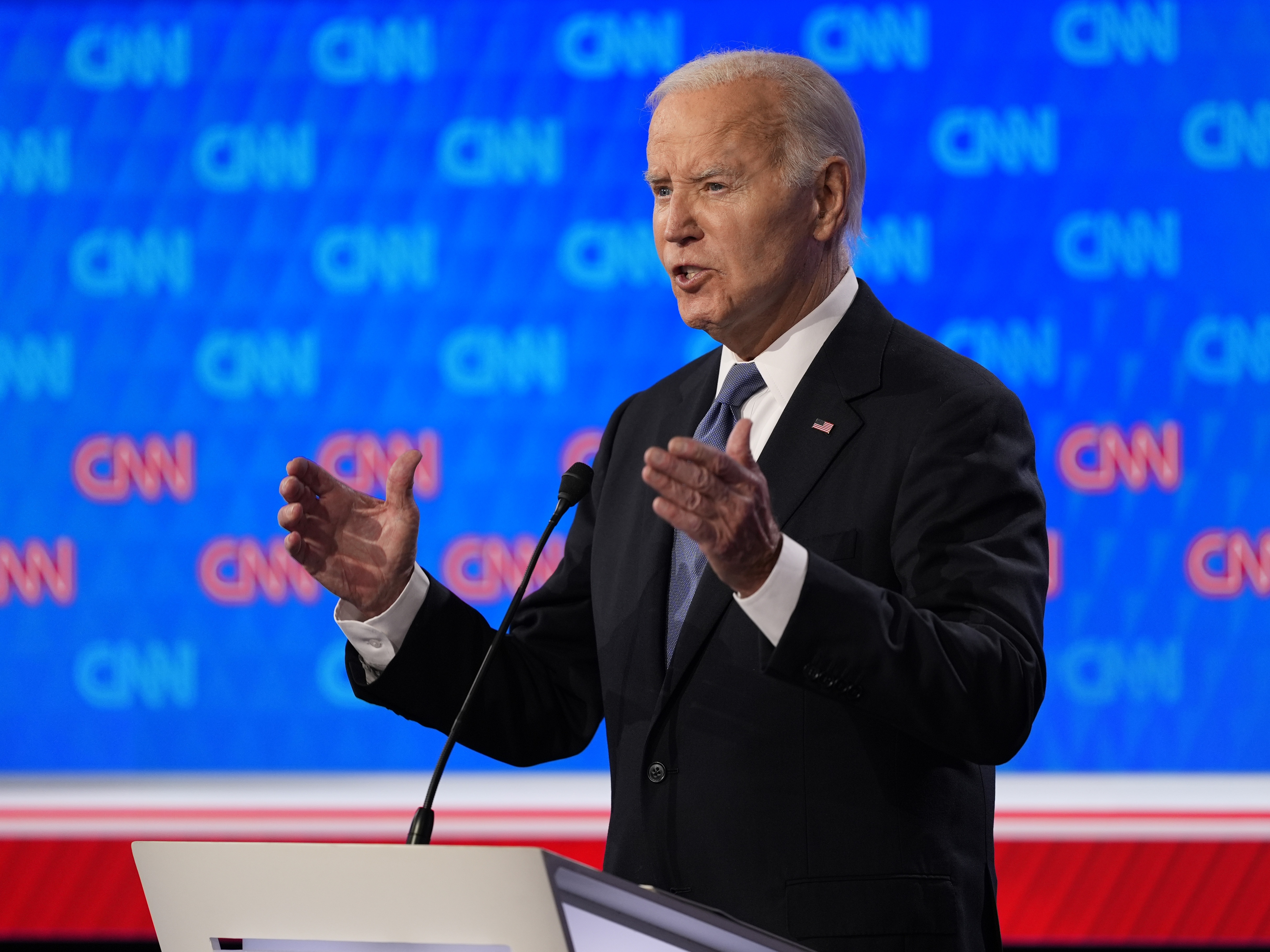 caption: President Joe Biden speaks during a presidential debate with Republican presidential candidate former President Donald Trump, Thursday, June 27, 2024, in Atlanta.