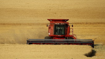caption: Winter wheat is harvested in a field farmed by Dalton and Carson North near McCracken, Kansas. CREDIT: CHARLIE RIEDEL/AP PHOTO