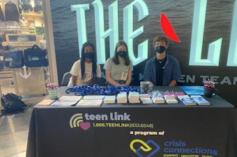caption: (From left) Chloe Burton, Isobel Wright and Zane Reed volunteer at the Teen Link booth during a recent event at Climate Pledge Arena. Burton and Reed are teen volunteers. 
