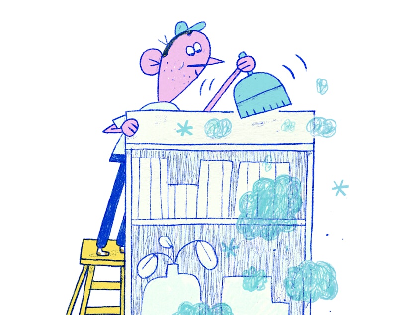 An illustration of a man standing atop a ladder, dusting the top of a bookcase.