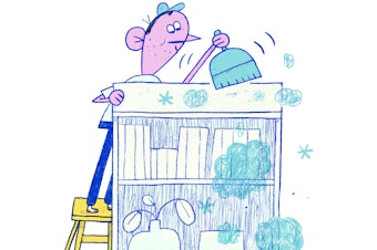 An illustration of a man standing atop a ladder, dusting the top of a bookcase.