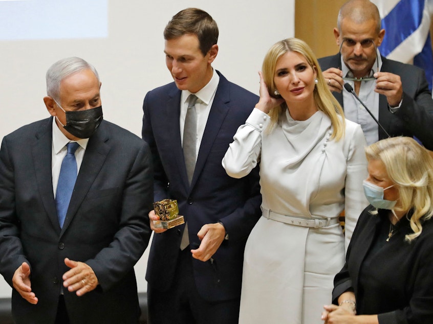 caption: Jared Kushner is seen here talking with Israel's opposition leader and ex-premier Benjamin Netanyahu, left, with his wife Ivanka Trump at the Knesset in Jerusalem on Oct. 11, 2021. Kushner, a senior adviser to former President Trump, appeared before the House Jan. 6 select committee on March 31, 2022.