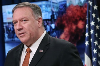 caption: Secretary of State Mike Pompeo speaks to the media in the briefing room at the State Department on November 26, 2019 in Washington, D.C.