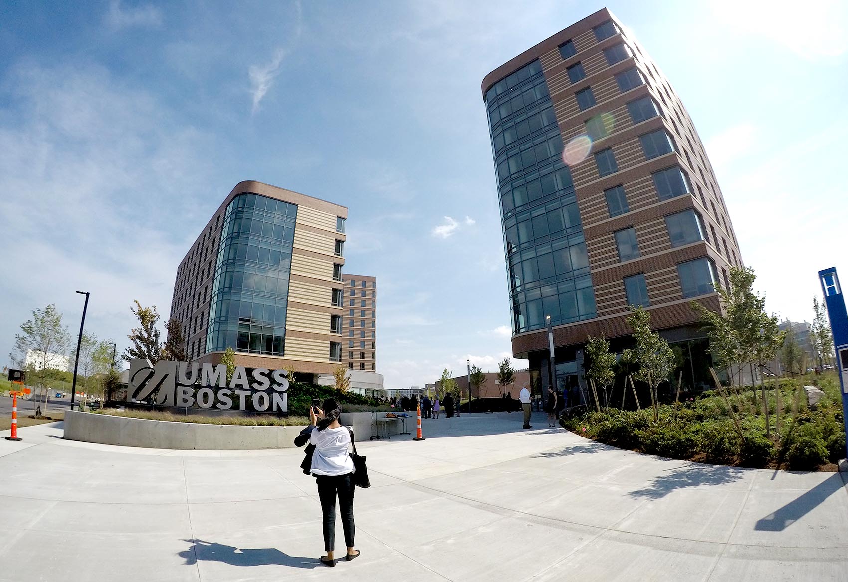 caption: The new UMass Boston dorm buildings. (Robin Lubbock/WBUR)