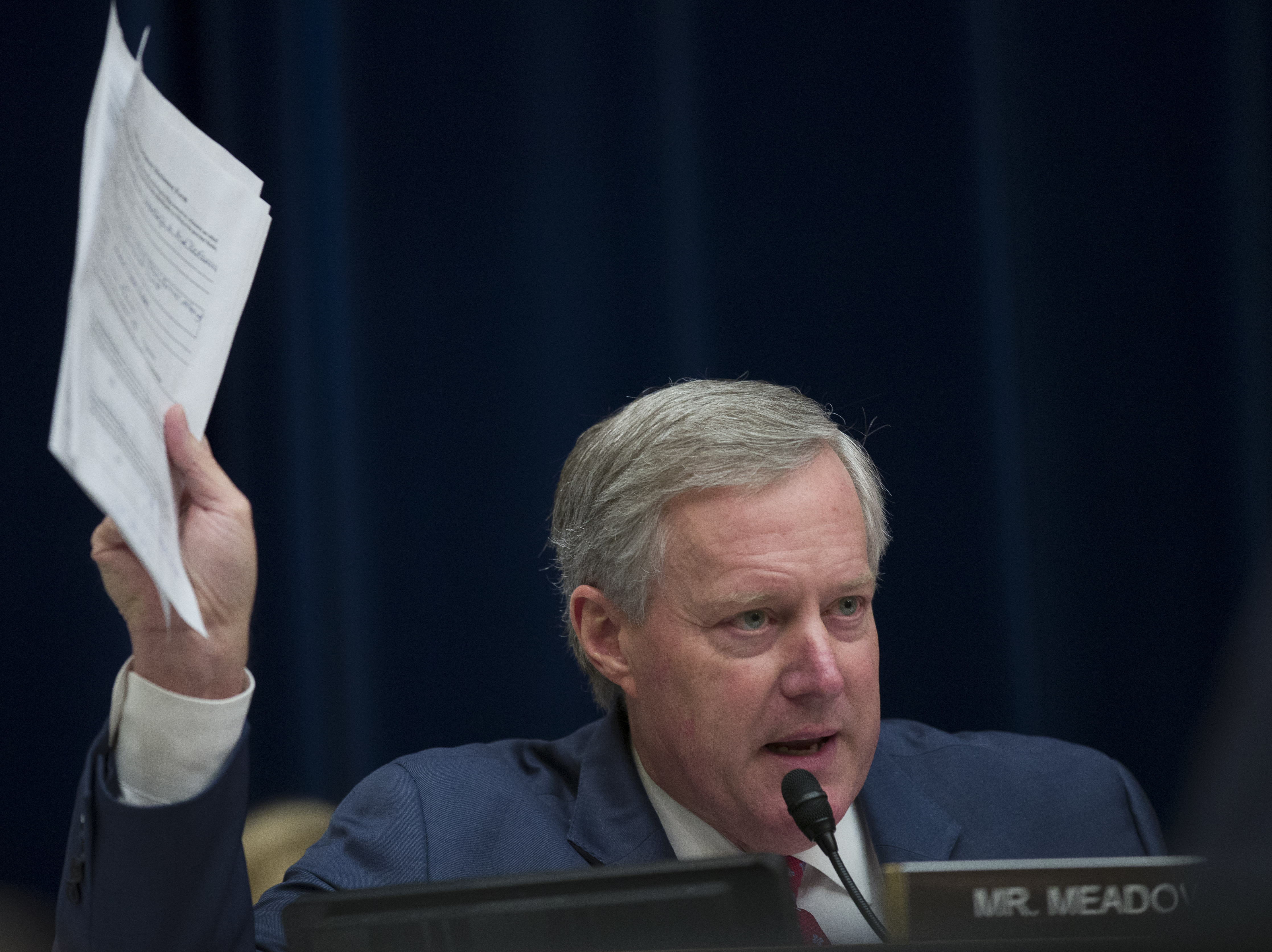 caption: Rep. Mark Meadows, R-N.C., questions Michael Cohen, President Trump's former lawyer, as Cohen testifies before the House oversight committee on Wednesday. Meadows had a heated exchange with Rep. Rashida Tlaib, D-Mich., during the hearing.