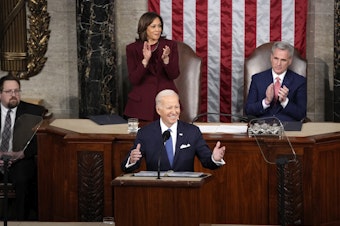 caption: President Biden had a big moment during his 2023 State of the Union address where he sparred with Republicans. He's been talking about it ever since.