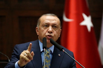 caption: "Covering up such a brutal act would wound the conscience of all mankind," Turkish President Recep Tayyip Erdogan told members of parliament in Ankara, speaking about the death of Saudi journalist and U.S. resident Jamal Khashoggi.