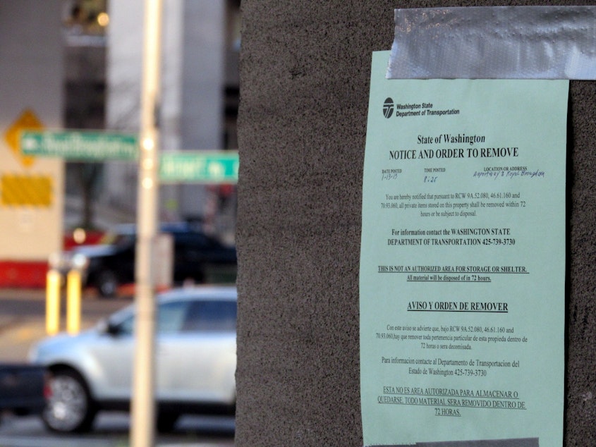caption: A Seattle homeless camp's eviction notice, taken in January 2015.