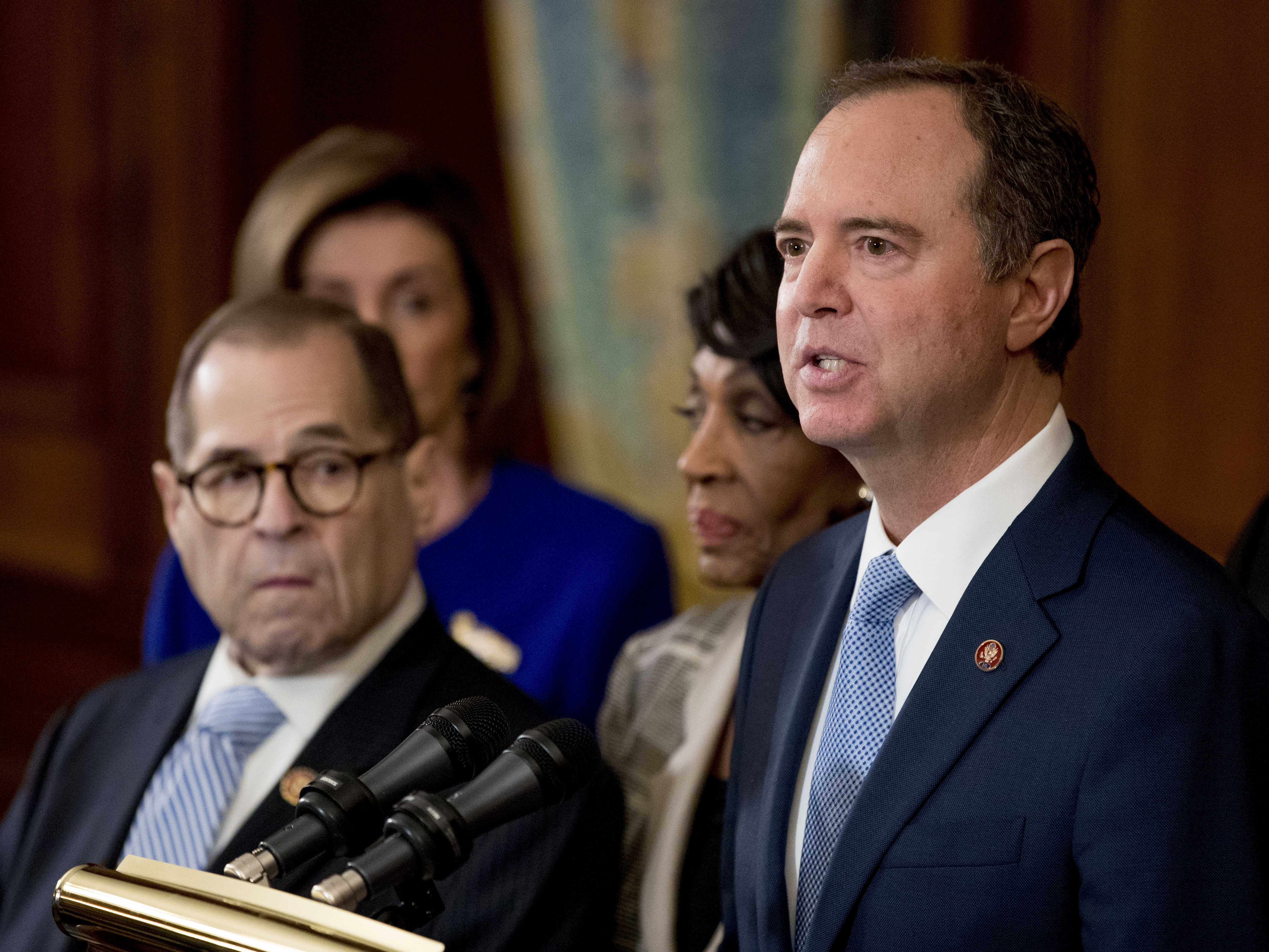 caption: Rep. Adam Schiff, D-Calif., Chairman of the House Intelligence Committee, right, speaks with from left Chairman of the House Judiciary Committee Jerrold Nadler, D-N.Y.. Both were named as part of the XX member impeachment manager team announced by House Speaker Nancy Pelosi.